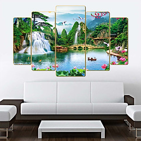 Bộ tranh treo tường trang trí phòng khách, phòng ngủ SƠN THỦY HỮU TÌNH 5 tấm chất liệu pvc gương hoặc cán lụa:1713L5