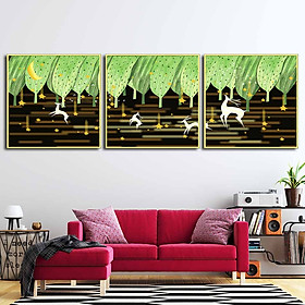 Bộ 3 tranh canvas treo tường Decor họa tiết cách điệu hươu và rừng cây, phong cách hiện đại - DC029
