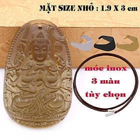 Mặt Phật Thiên thủ thiên nhãn đá obsidian ( thạch anh khói ) 1.9cm x 3cm (size nhỏ) kèm vòng cổ dây cao su nâu + móc inox vàng, Phật bản mệnh, mặt dây chuyền