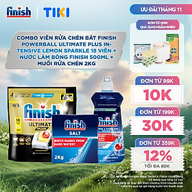 Combo Finish: Viên rửa chén Ultimate 18 viên + Nước làm bóng 500ml + Muối rửa chén 2kg