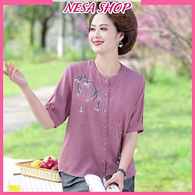 Áo sơ mi nữ trung niên cao cấp cổ tròn tay lỡ tặng mẹ chất liệu Linen thun form rộng bigsize NeSa Shop, SMH.62