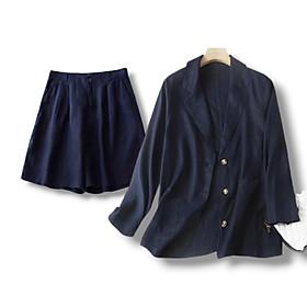Set áo blazer nữ tay dài và quần đùi chất linen mềm mịn, thoải mái, phong cách Hàn Quốc, hàng hot girl 2025