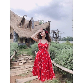 Đầm Hoa Xoè Hai Dây Ô Mai Sắc Đỏ May Mắn