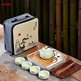 Bộ Bình Trà Đạo Chất Liệu Gốm Sứ Cao Cấp Có Túi Đựng Đi Du Lịch Tiện Lợi Gồm 1 Ấm Trà, 4 Tách, 1 Khay Trà (Tặng Kèm Khăn Lau Và Gắp Tre)-Chính Hãng
