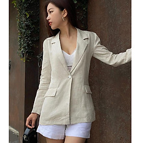 Áo blazer Linen bột premium nữ ve vuông dáng dài túi bổ trẻ trung