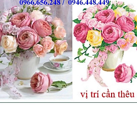 Tranh thêu chữ thập bình hoa hồng nhỏ khoe sắc LV3407 chưa thêu