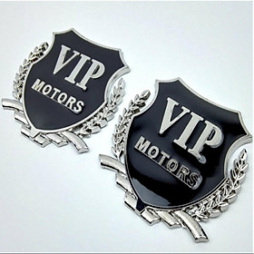 Hai miếng dán logo kim loại chữ Vip Motor bông lúa trang trí ô tô