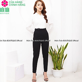 Quần baggy nữ Hiền Trần BOUTIQUE cạp cao form dáng đẹp đồ công sở đai vải vuông cúc lệch
