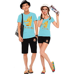 Bộ Áo Thun Đôi Nam Nữ Pikalong Màu Xanh Thiên Thanh