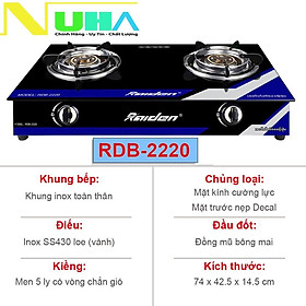 Bếp ga đôi kiếng cường lực Raiden RDB2220, đầu đốt đồng mũ bông mai, kiềng men 5 ly-hàng chính hãng