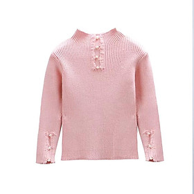 Áo len cho bé gái cao cổ 3-8 tuổi diềm cổ và vai đính hạt, Áo len tăm trẻ em phong cách Hàn Quốc đanh sợi không bai xù