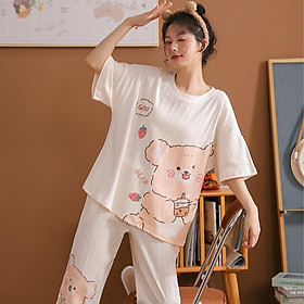 Bộ Mặc Nhà Pyjama Lửng Cộc Tay Cổ Tròn Cotton Co Dãn Mềm Mại