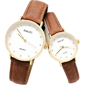 Cặp Đồng Hồ Nam Nữ Halei HL542 Dây da nâu (Tặng pin Nhật sẵn trong đồng hồ + Móc Khóa gỗ Đồng hồ 888 y hình)