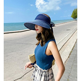 Mũ chống nắng rộng vành thắt nơ thời trang, nón chống nắng nửa đầu màu xanh navy