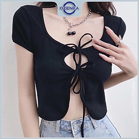 Áo croptop kiểu buộc dây gợi cảm cộc tay nữ OZENKA , áo crt ôm body sexy cotton màu đen trắng dưới 55 cân