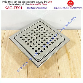 Mua Phễu thoát sàn 12x12cm KAG-TS91 (D6cm)  inox 304  hố ga thoát sàn khách sạn cho ống D60mm mặt caro chống mùi hôi thoát n