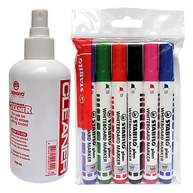 Bộ 6 Bút Lông Bảng 6 Màu Stabilo Plan Đầu Vuông (6 Màu) + Nước Lau Bảng 250Ml WM643-6C+