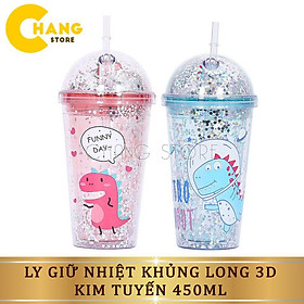 Bình Giữ Nhiệt Khủng Long 3D Kim Tuyến Nhiều Màu Sắc, Cốc Uống Nước Khủng long 3D 450ML kèm Ống Hút