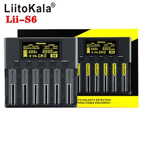 Bộ sạc pin LiitoKala lii-S6 Bộ sạc 6 khe tự động phát hiện cực tính cho 18650 26650 21700 14500.10440 AA AAA-Màu đen-Size Vương quốc Anh cắm