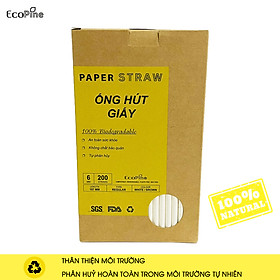 Hộp 200 ống hút giấy phi 6mm màu trắng ECOPINE - Dùng cho cafe, nước ngọt, nước ép