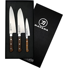 Mua Bộ dao làm bếp cao cấp KATANA Essential 3 chiếc (dao thái thịt cá - dao đa năng - dao gọt hoa quả) - Bộ dao KATANA cán gỗ  thép chống gỉ độ cứng 59HRC