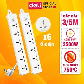 Ổ Cắm Điện Đa Năng Có Công Tắc Nguồn 3/4/6 Ổ , 3M/5M Dây Chống Giật Chống Cháy Chất Lượng Cao Deli - Hàng Chính Hãng - ET401 - 406 - 6 ổ điện, 1 công tắc nguồn - 3m
