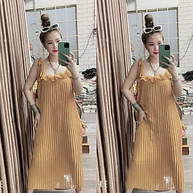 Đầm Suông nữ 2 Dây Dập Ly Phối Bèo Hai Dây Cột Nơ Nhiều Màu phong cách sang chảnh quyến rũ BK