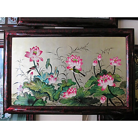 Mua Tranh Sơn Mài - Hoa Sen Và Chim Sẻ - Tranh vẽ đắp nổi - Độc đáo - tinh tế - kích thước 60x90 cm