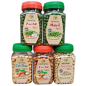 COMBO 5 HŨ ĐẬU SẤY GIÒN MỖI HŨ 250G - ĐẬU PHỘNG TỎI ỚT - ĐẬU CỐT DỪA-ĐẬU HÀ LAN TỎI - ĐẬU HÀ LAN MUỐI - ĐẬU NÀNH