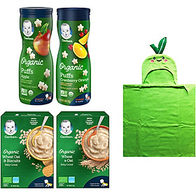 Combo Gerber Organic Ăn Dặm Toàn Diện (gồm 2 bột Gerber Organic Lúa mì yến mạch và Lúa mì yến mạch bánh quy + 2 bánh ăn dặm Gerber Organic vị Táo và Nam Việt Quất Cam) tặng khăn tắm trái thơm/trái táo