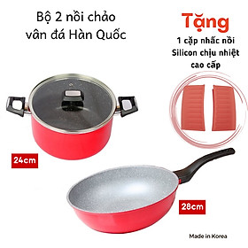 Tặng cặp nhấc nồi silicon cao cấp - Combo 2 món, nồi chống dính Kimscook  24cm và Chảo đúc Ecoramic sâu lòng 28 cm đỏ