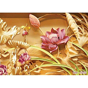 Tranh 3D dán phòng khách hoa sen nghệ thuật- Tranh dán tường giả điêu khắc-KT 80x120cm-Huyền Chi- Đặt theo kích thước yêu cầu