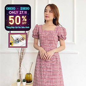 Đầm caro tay phồng cổ vuông BEMINE MT1527DO
