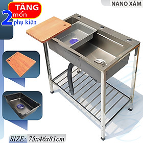 Bộ Chậu Rửa Chén Bát Inox Phủ Nano Có Chân KAZTA Kèm Vòi Nước Lạnh Đầu Dây Rút Tặng Khay inox, thớt gỗ, đầu xịt xà bông