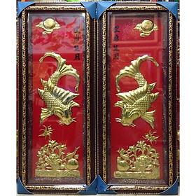 Tranh đồng , cặp 2 tấm lý ngư vọng nguyệt - A30