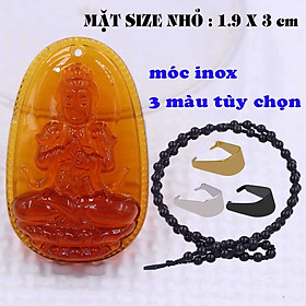 Mặt Phật Đại nhật như lai pha lê cam 1.9cm x 3cm (size nhỏ) kèm vòng cổ hạt chuỗi đá đen + móc inox vàng, Phật bản mệnh, mặt dây chuyền