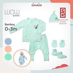 Set Đồ Sơ Sinh 5 Món Cho Bé Vải Bamboo Cao Cấp Wow by Oeteo - Set quà tặng quần áo, mũ, bao tay, bao chân cho bé