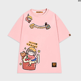 Áo thun tay lỡ phom rộng unisex trẻ trung in hình 4 bé gái cute đội bánh mì và gấu