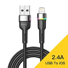 Dây cáp sạc Essager USB 2.4A có đèn LED màu thích hợp cho Iphone 6 7 8 plus - Đen