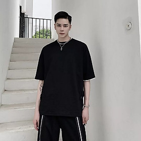 Áo thun Tay lỡ Nam Nữ Form Rộng dây chữ Y màu đen Trùm Unisex vải cotton thích hợp đi chơi