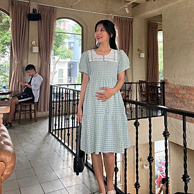 Đầm bầu karo cổ thuỷ thủ phom babydol trẻ trung, đáng yêu Nữ Women Cotton Thun - Xanh đậu