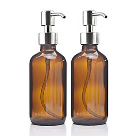 2 Pack Thick Amber Dispenser Bottles with Silver Stainless Steel Pump 240ML for Kitchen and Bathroom
