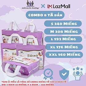 [COMBO 8] Tã dán / Bỉm dán Miracle Baby cho bé sơ sinh chất liệu Protein tơ tầm có 5 size S/M/L/XL/XXL