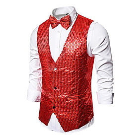Men's Slim Fit Shiny Sequins Vest Paillette Waistcoat For Fancy Party, Stage Performance, Nightclub - Black/Red/Go