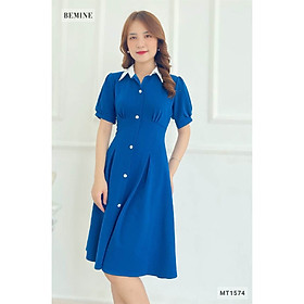 Đầm sơ mi cổ trắng nút bọc BEMINE MT1574XANH