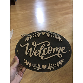 Mua Tranh gỗ bảng gỗ hình oval chữ welcome nền đen sang trọng treo trang trí cửa hàng