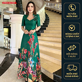 Đầm Xoè Nữ Hoàng Xanh Hoạ Tiết Hoa Cao Cấp Sang Trọng Lilybelle Dress