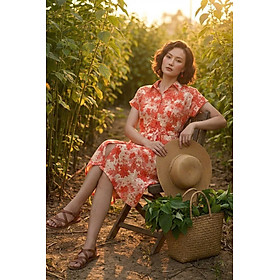 Đầm Sơ Mi Ramie Hoa Đỏ Thanh Minh Dre232 Thời trang Hity