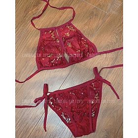 LST-B2897 Set Bralette Ren Nữ Không Gọng Mút - Nội Y Đen/Đỏ đô Hoạ Tiết Hoa Xuyên Thấu Gợi Cảm