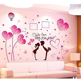 Decal dán tường Combo 2 tranh hoa trái tim hồng + đôi tình nhân pari love